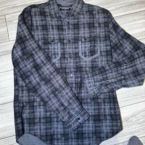 VINTAGE Express Men's Gray Black Plaid Button-Up Shirt Long Sleeve Size M Cotton